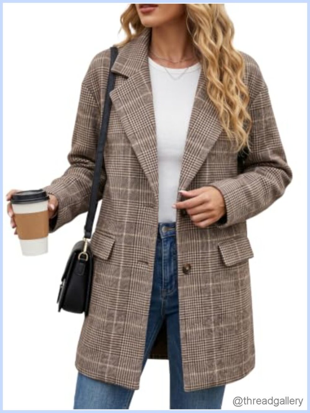 Houndstooth Plaid Tweed Blazer Oversized Mid-Length Notched Lapel Business